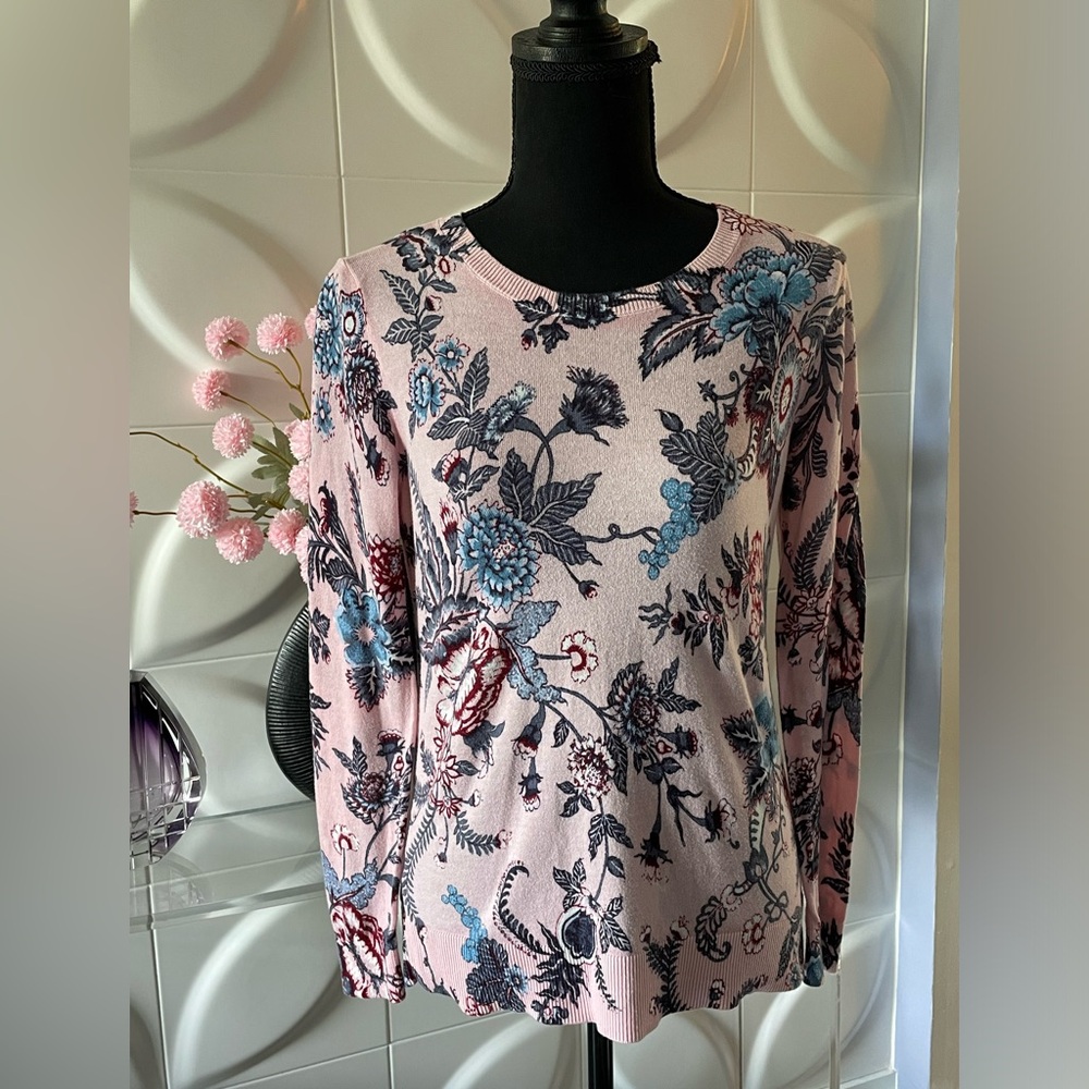 Loft Women's Light Pink Floral & Paisley Cotton Sweater Size Small Petite